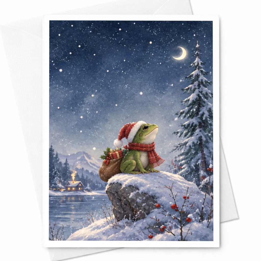 Frog In Winter Scene Christmas Card Cute Holiday Greeting Card For Animal Lover Festive Snowy Landscape Card With Frog C8442