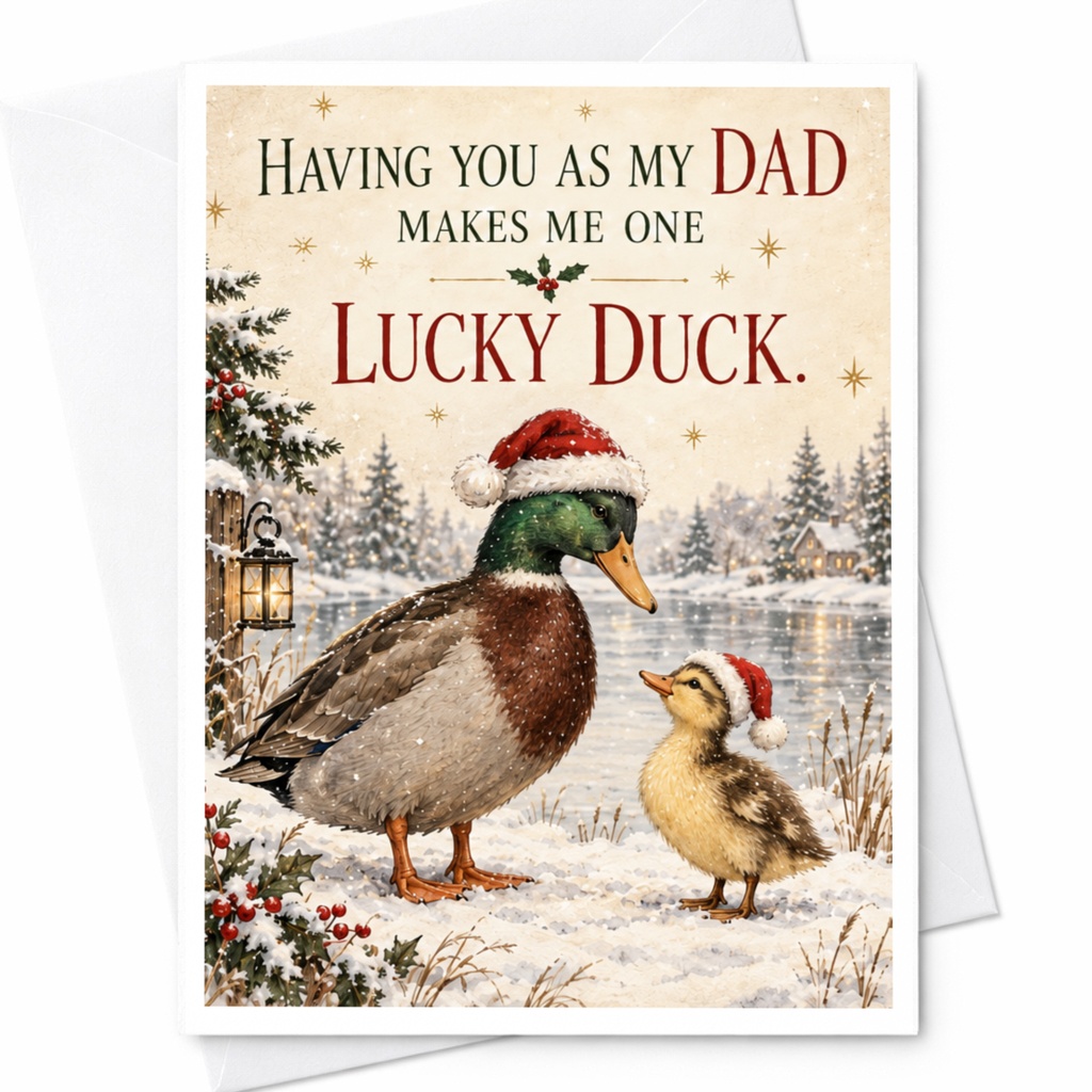 Having You As My Dad Makes Me One Lucky Duck Christmas Card Cute Holiday Card For Dad From Kids Festive Duck C8509