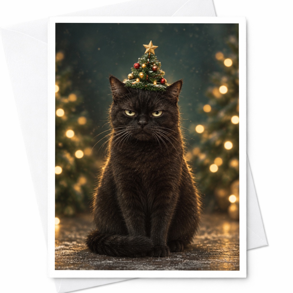 Cat Christmas Card Funny Holiday Greeting Card Cute Cat Lover Card Festive Animal Card Christmas Tree Hat For Cat Lovers C8512