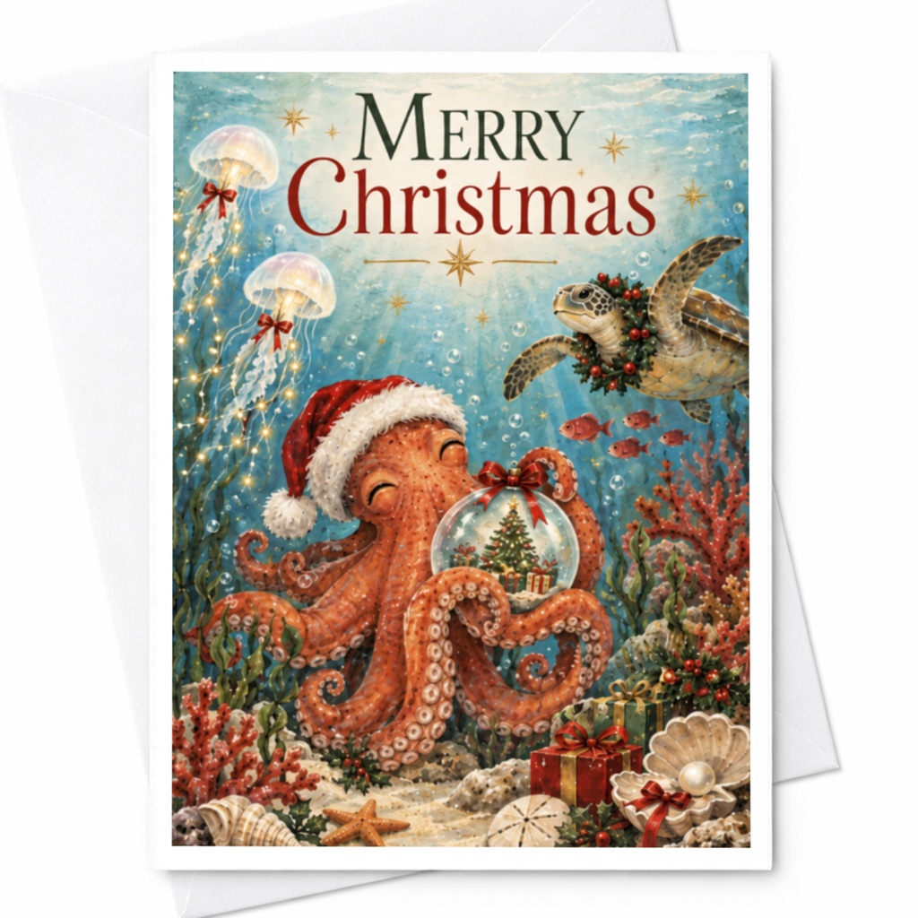 Merry Christmas Card Cute Octopus Underwater Scene Holiday Greeting Card Ocean Lover Festive Sea Life Christmas Card C8446