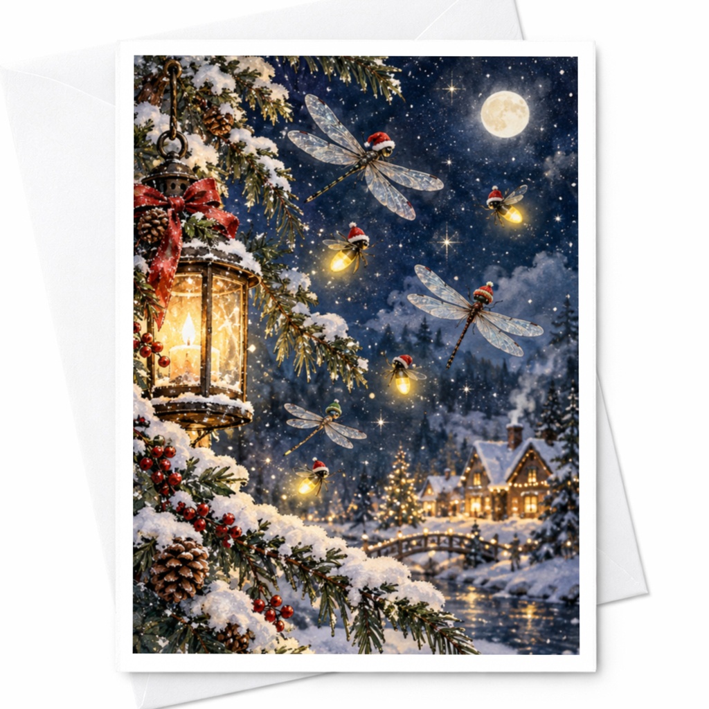 Winter Wonderland Christmas Card Festive Dragonflies Lantern Snowy Scene Holiday Greeting Card For Family Friends C8515