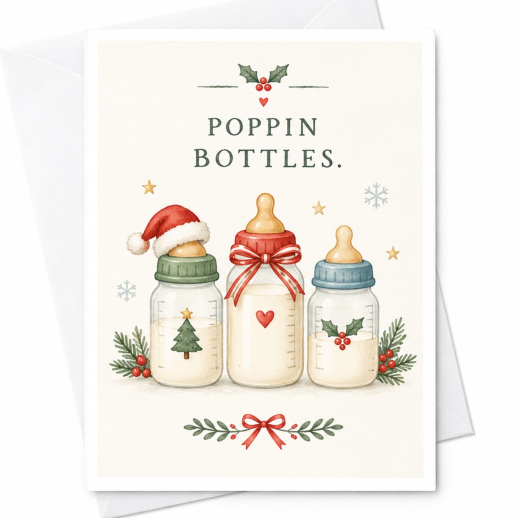 Poppin Bottles Christmas Card Funny Holiday Greeting Card New Parents Baby Announcement Cute Festive Card For Family C8449