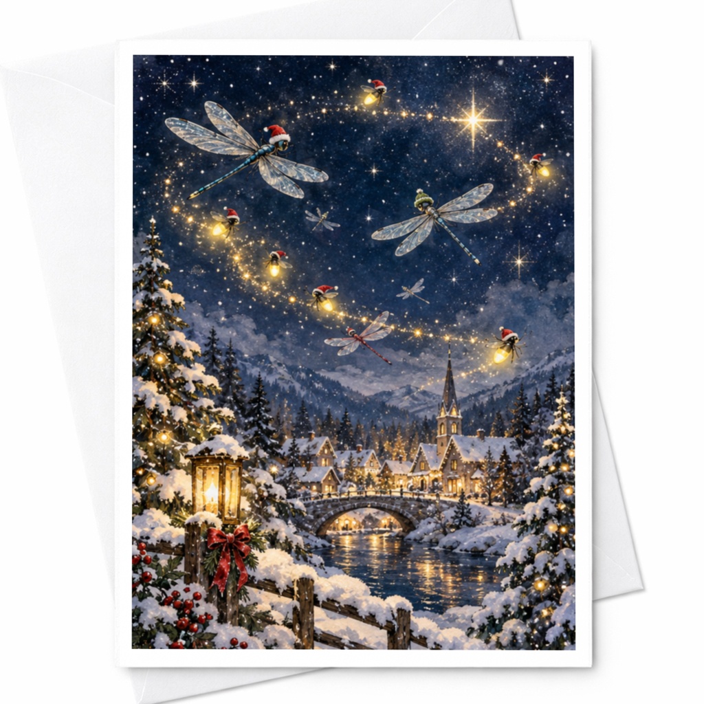 Winter Village Christmas Card Dragonflies Fireflies Holiday Greeting Card Festive Snowy Scene For Family Friends C8516