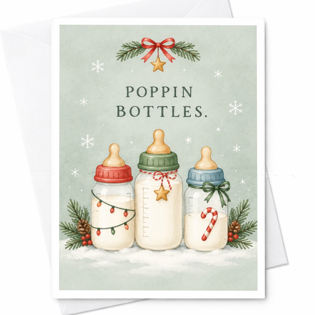 Poppin Bottles. Funny Christmas Card Baby Announcement Holiday Greeting Card New Parents Cute Baby Bottle C8450