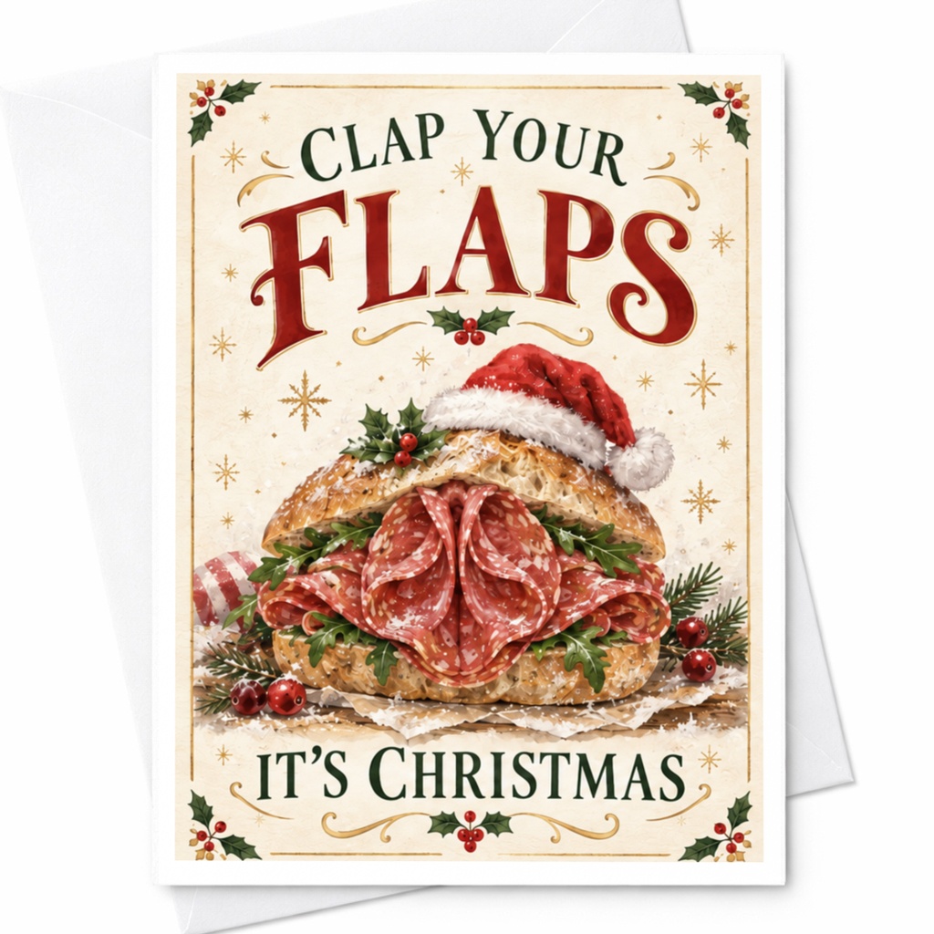 Clap Your Flaps It's Christmas Funny Christmas Card Festive Holiday Greeting Card Santa Hat Sandwich C8517