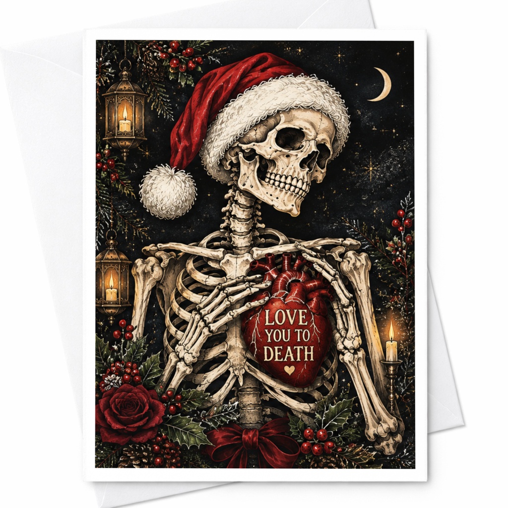 Love You To Death Christmas Card Skeleton With Santa Hat Romantic Holiday Greeting Card For Partner Gothic Love Card C8459