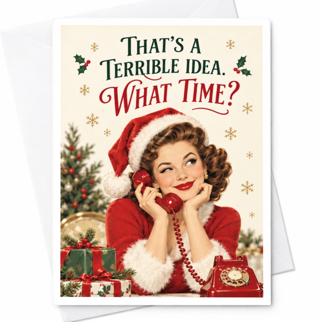 That's A Terrible Idea. What Time? Funny Christmas Card Retro Holiday Greeting Card For Friend Cute Santa C8463