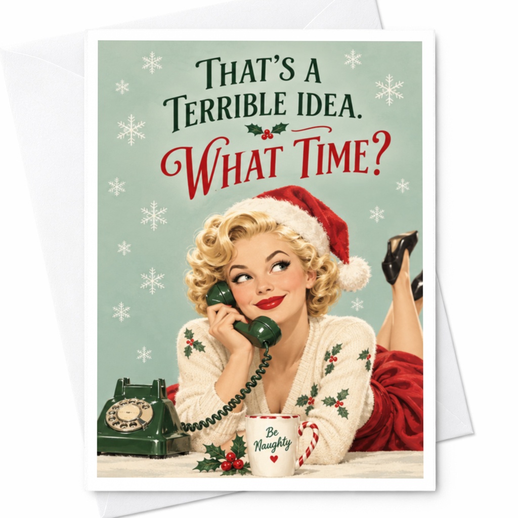 That's A Terrible Idea. What Time? Funny Christmas Card Retro Holiday Greeting Card Cute Vintage Style For Her C8464