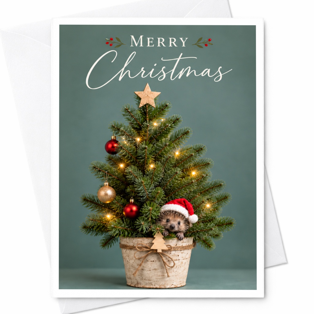Merry Christmas Cute Hedgehog Card Christmas Tree Holiday Greeting Card Adorable Animal Christmas Card For Friends Family C8466