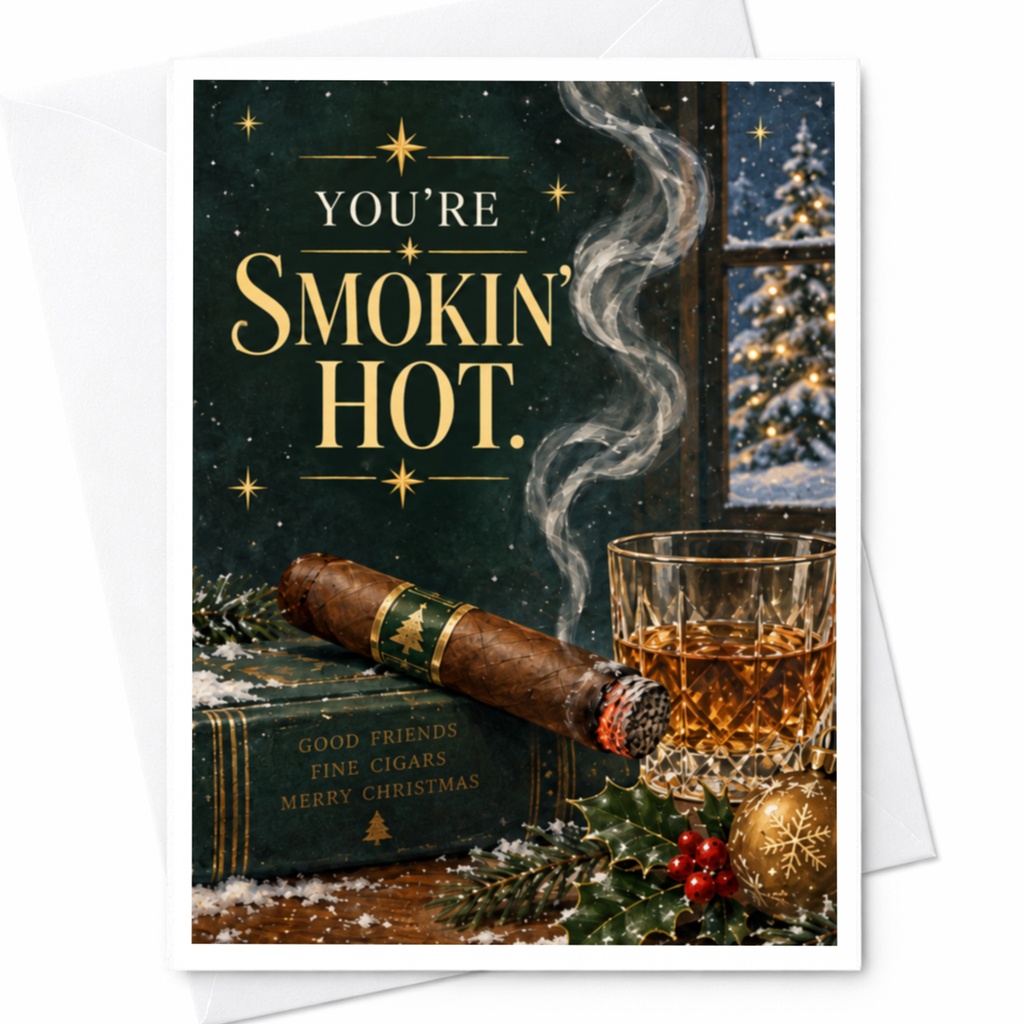 You're Smokin' Hot Christmas Card Cigar Whiskey Holiday Greeting Card For Him Funny Festive Card With Holly C8476