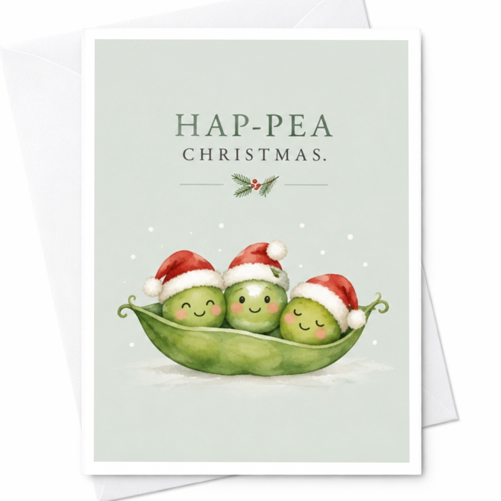 Hap-Pea Christmas. Cute Christmas Card Peas In Santa Hats Funny Holiday Greeting Card For Family Friends Festive Card C8478