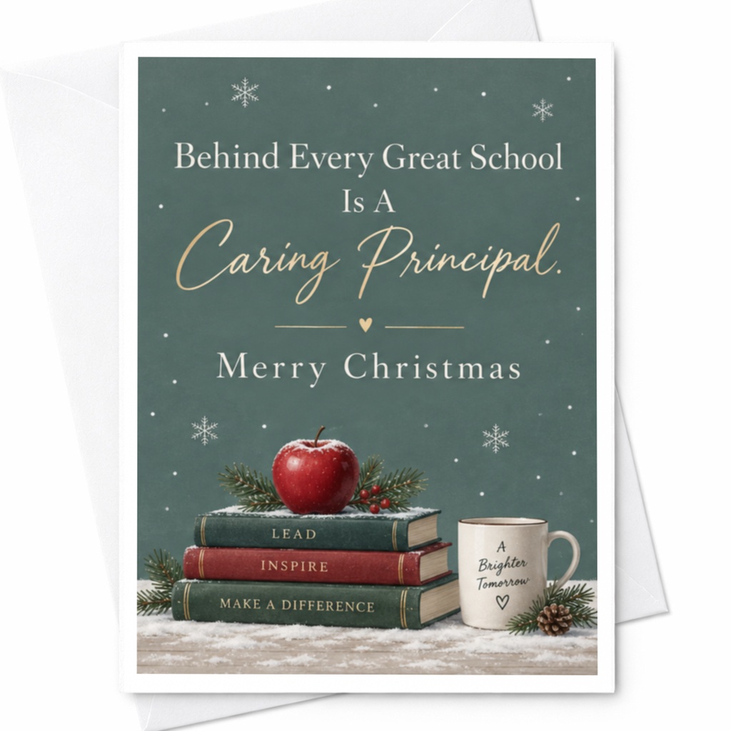 Behind Every Great School Is A Caring Principal. Merry Christmas Card For Principal Holiday Greeting Card Teacher Appreciation C8480