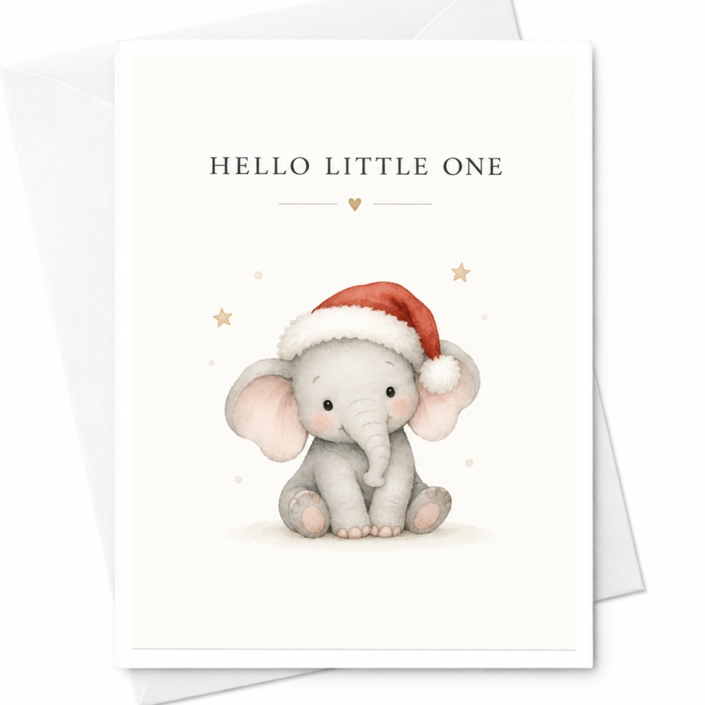 Hello Little One Christmas Card Cute Elephant With Santa Hat Baby's First Christmas Card Adorable Holiday Card For Newborn C8483