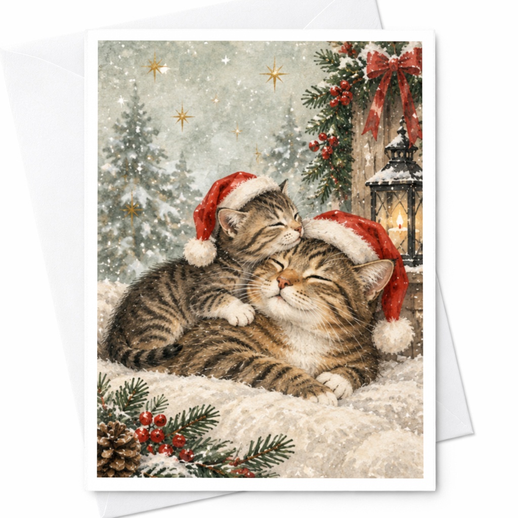 Cute Cats Christmas Card Festive Holiday Greeting Card For Cat Lover Adorable Santa Hat Cats Winter Scene Animal Card C8488