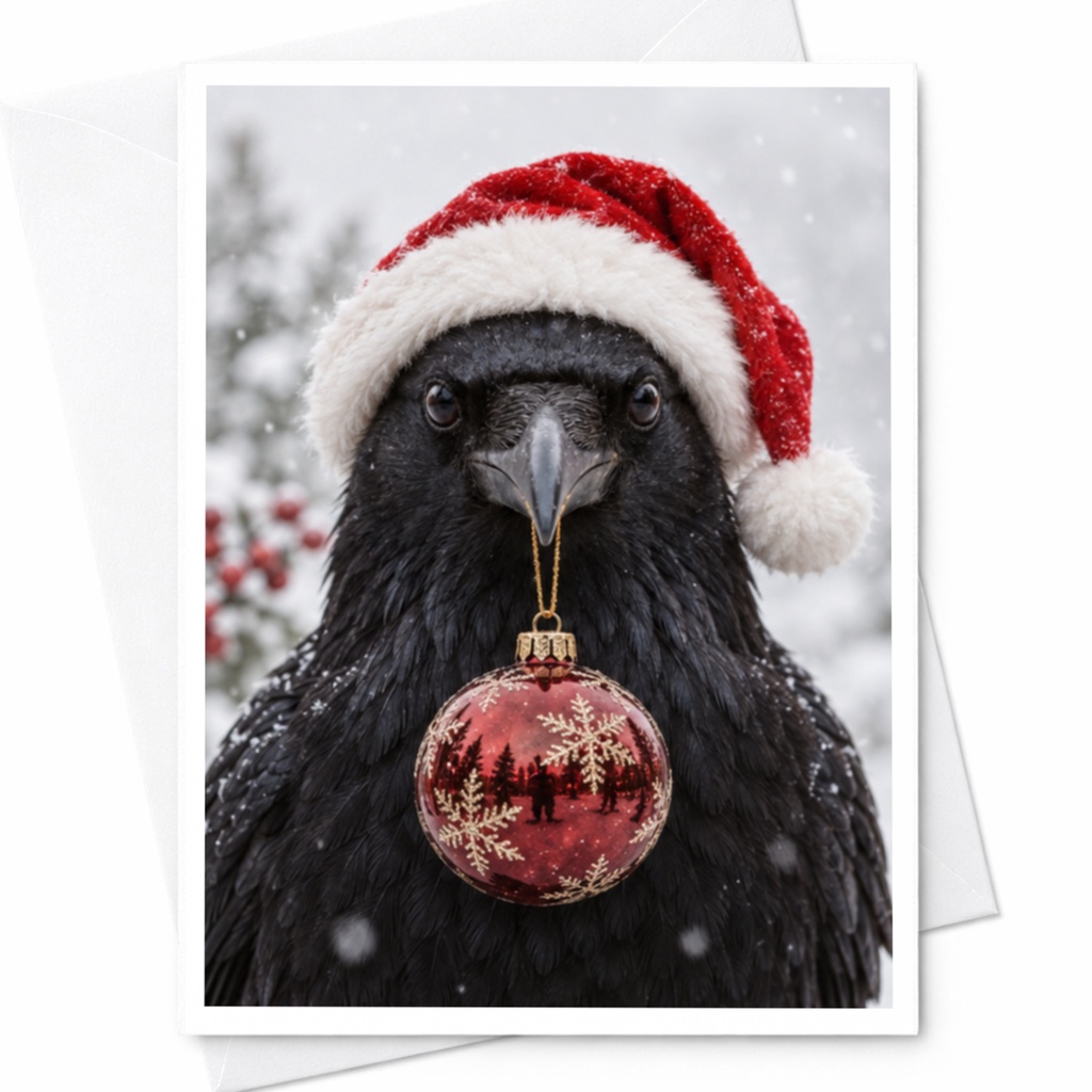 Raven Christmas Card Santa Hat Winter Holiday Greeting Card For Bird Lover Festive Animal Card Cute Seasonal Card C8491