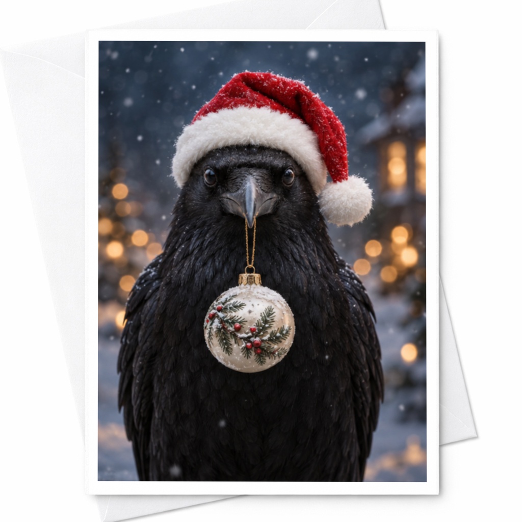 Raven With Santa Hat Christmas Greeting Card Winter Holiday Card For Bird Lover Festive Animal Card Cute Seasonal Card C8492