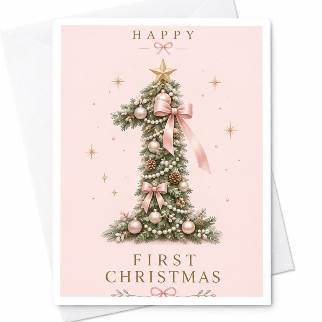 Happy First Christmas Cute Christmas Card Pink Tree Ornament Holiday Greeting Card For Baby's First Christmas C8494