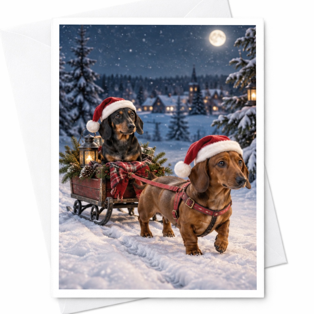 Dachshund Christmas Card Cute Holiday Greeting Card Santa Hat Dogs Winter Scene For Dog Lover Festive Season Card C8498