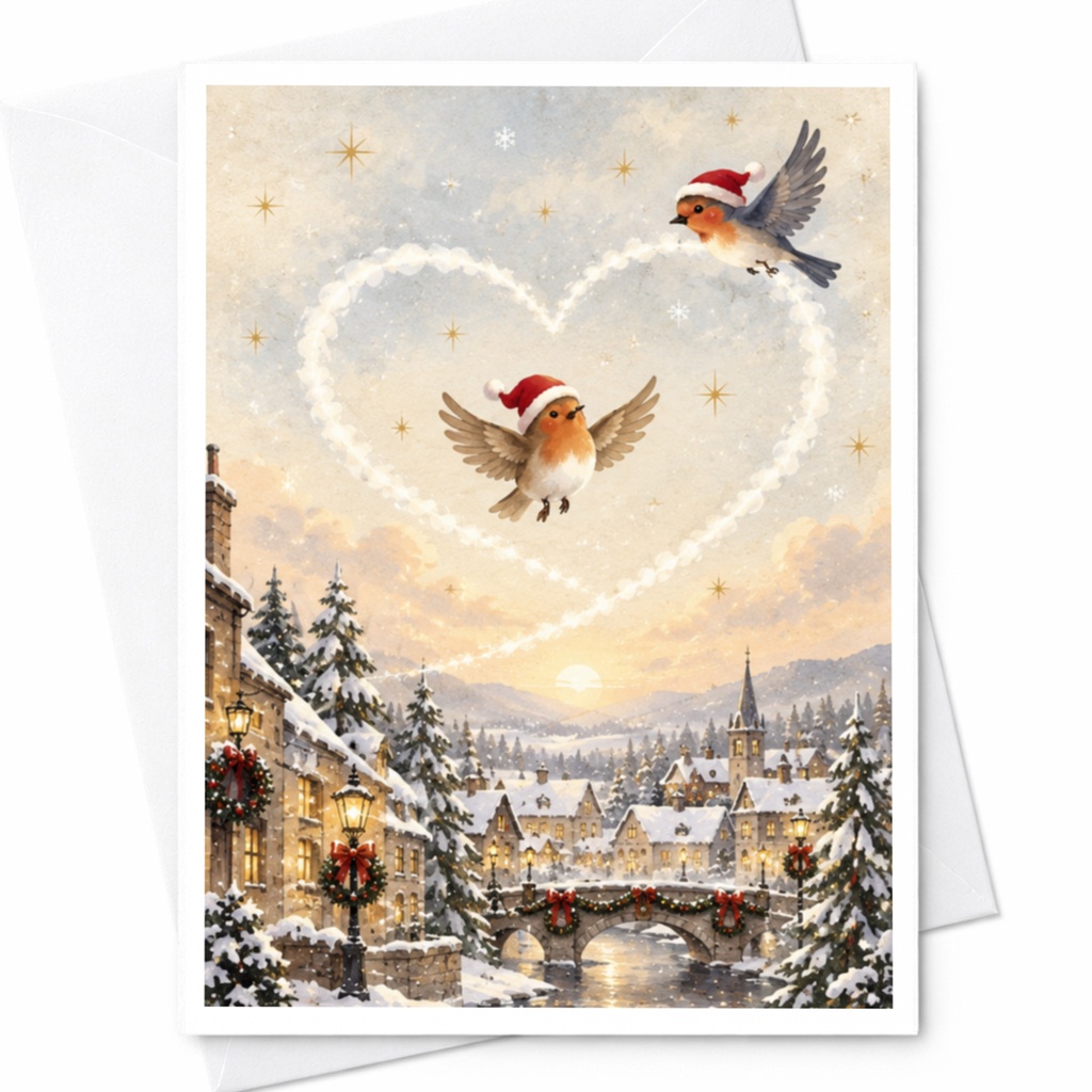 Robin Christmas Card Cute Holiday Greeting Card Two Birds Heart Shape Winter Scene For Bird Lover Festive Seasonal Card C8499