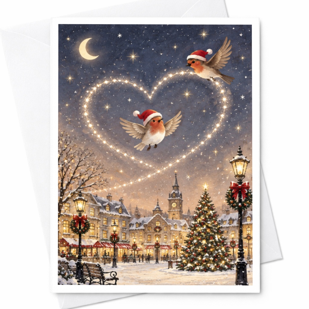 Christmas Card Robins In Santa Hats Festive Village Scene Holiday Greeting Card For Bird Lover Cute Winter Wonderland C8500