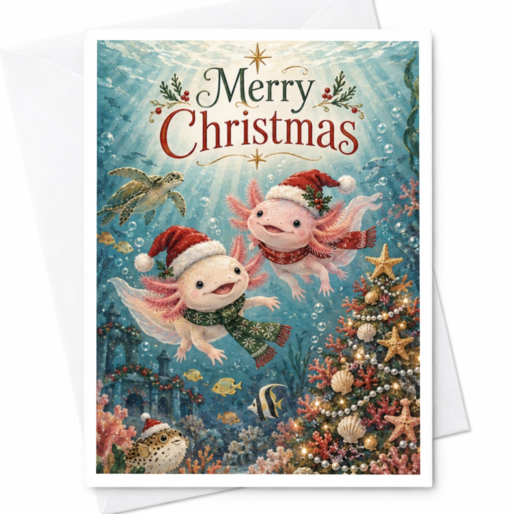 Merry Christmas Cute Axolotl Christmas Card Underwater Holiday Greeting Card For Kids Animal Lovers Festive Sea Life C8504