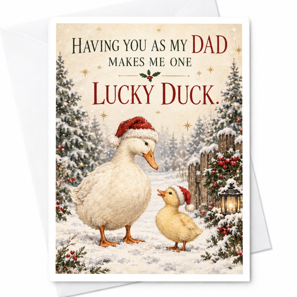 Having You As My Dad Makes Me One Lucky Duck Christmas Card Cute Holiday Card For Dad From Kids Festive Ducks Winter Scene C8510