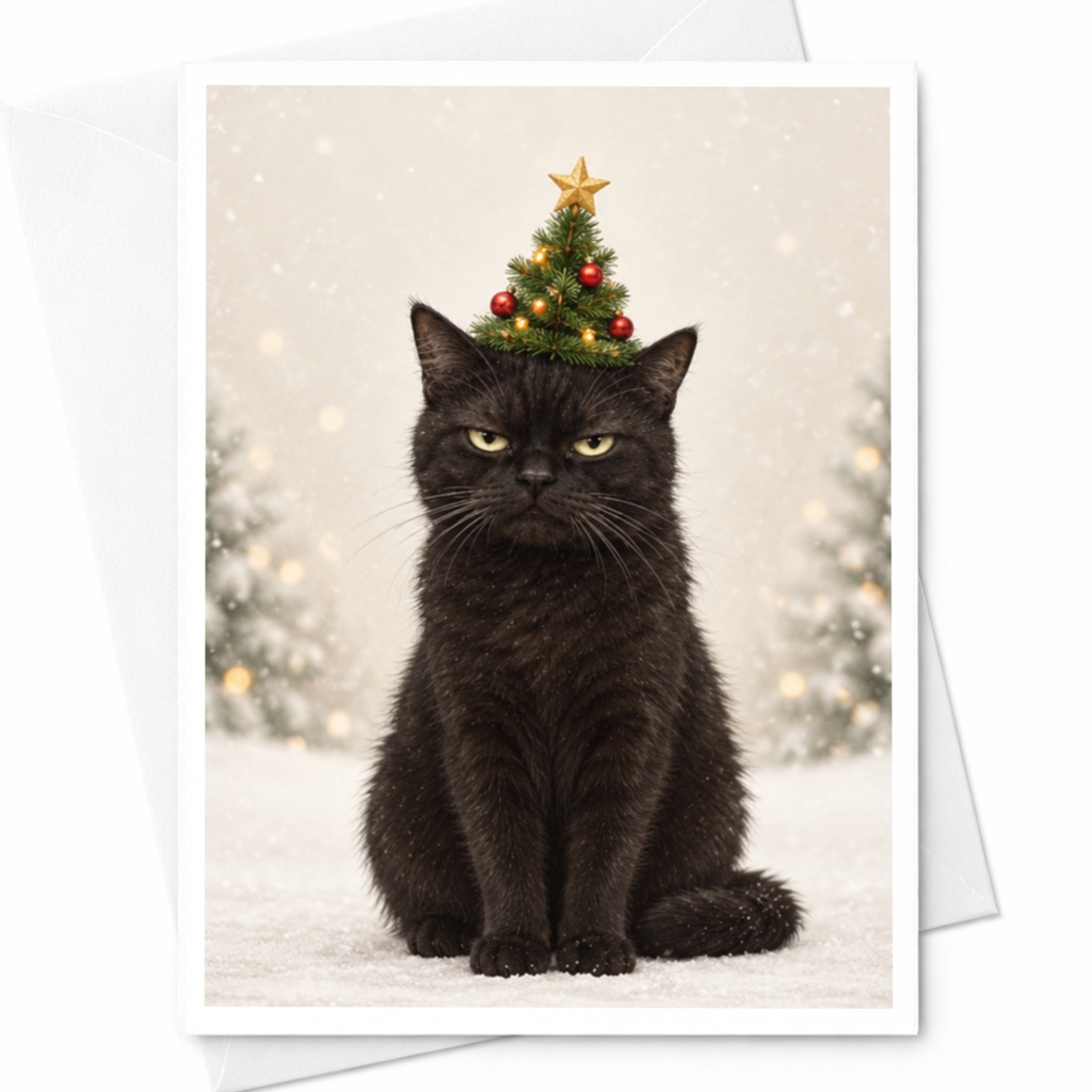 Black Cat Christmas Card Cute Holiday Greeting Card For Cat Lover Funny Festive Card With Christmas Tree Hat Winter Snow Scene C8511