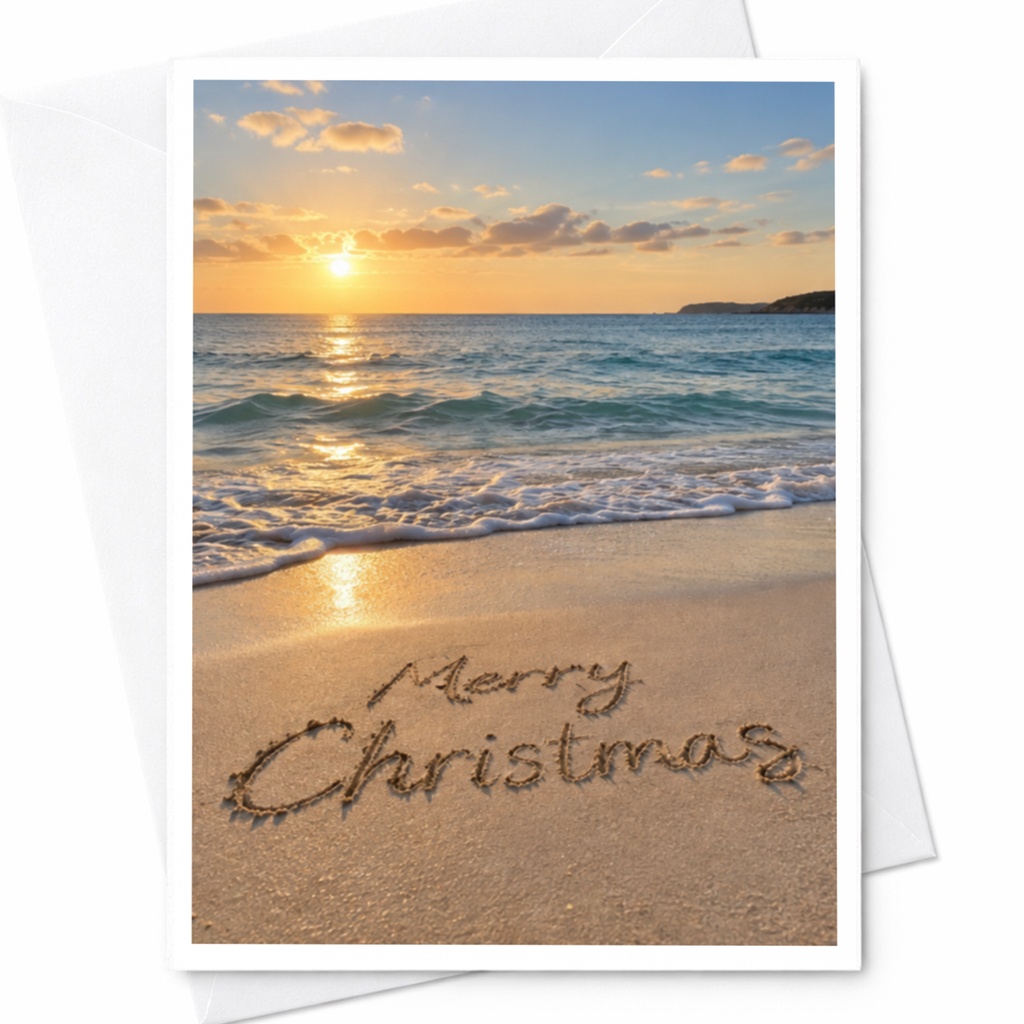 Merry Christmas Beach Sunset Card Coastal Holiday Greeting Card Ocean Sand Christmas Card For Beach Lover C8513