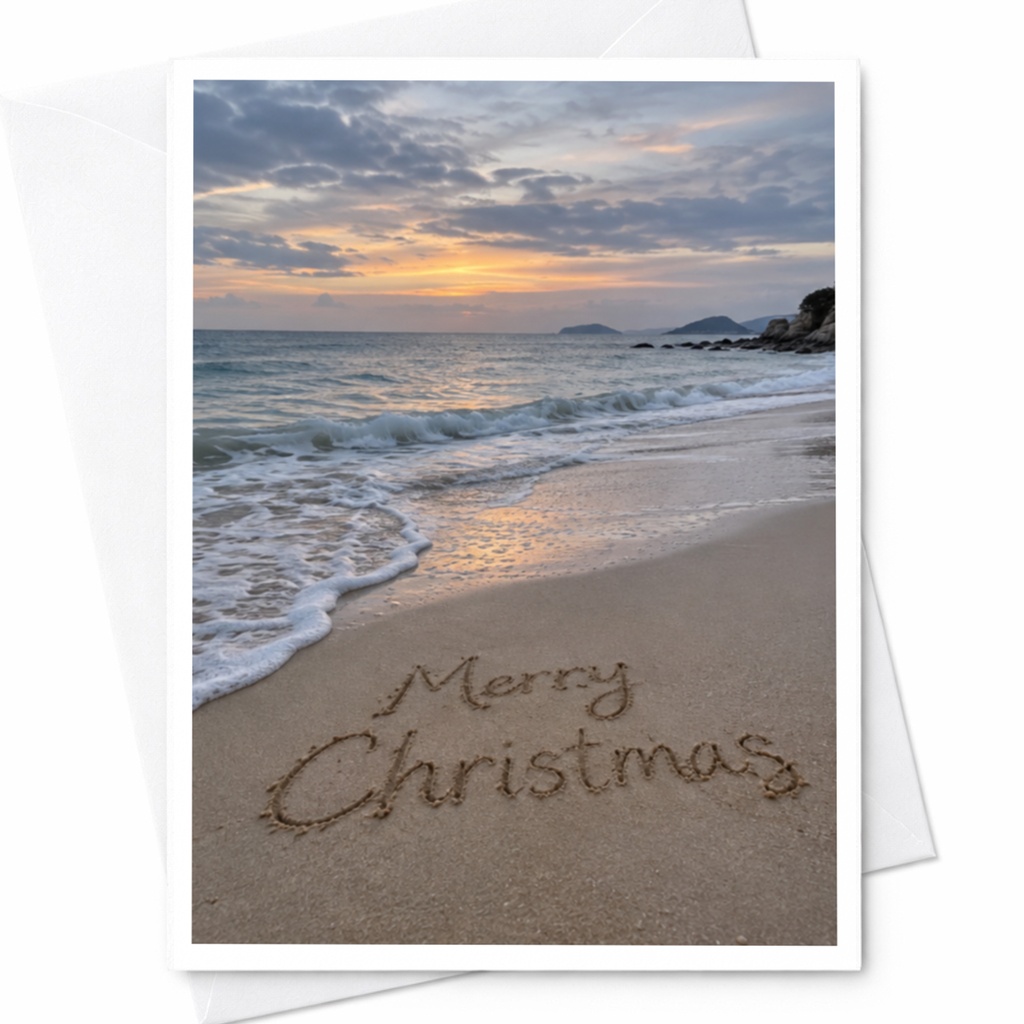 Merry Christmas Beach Sunset Card Unique Holiday Greeting Card Coastal Christmas Card For Beach Lover Ocean Scene C8514