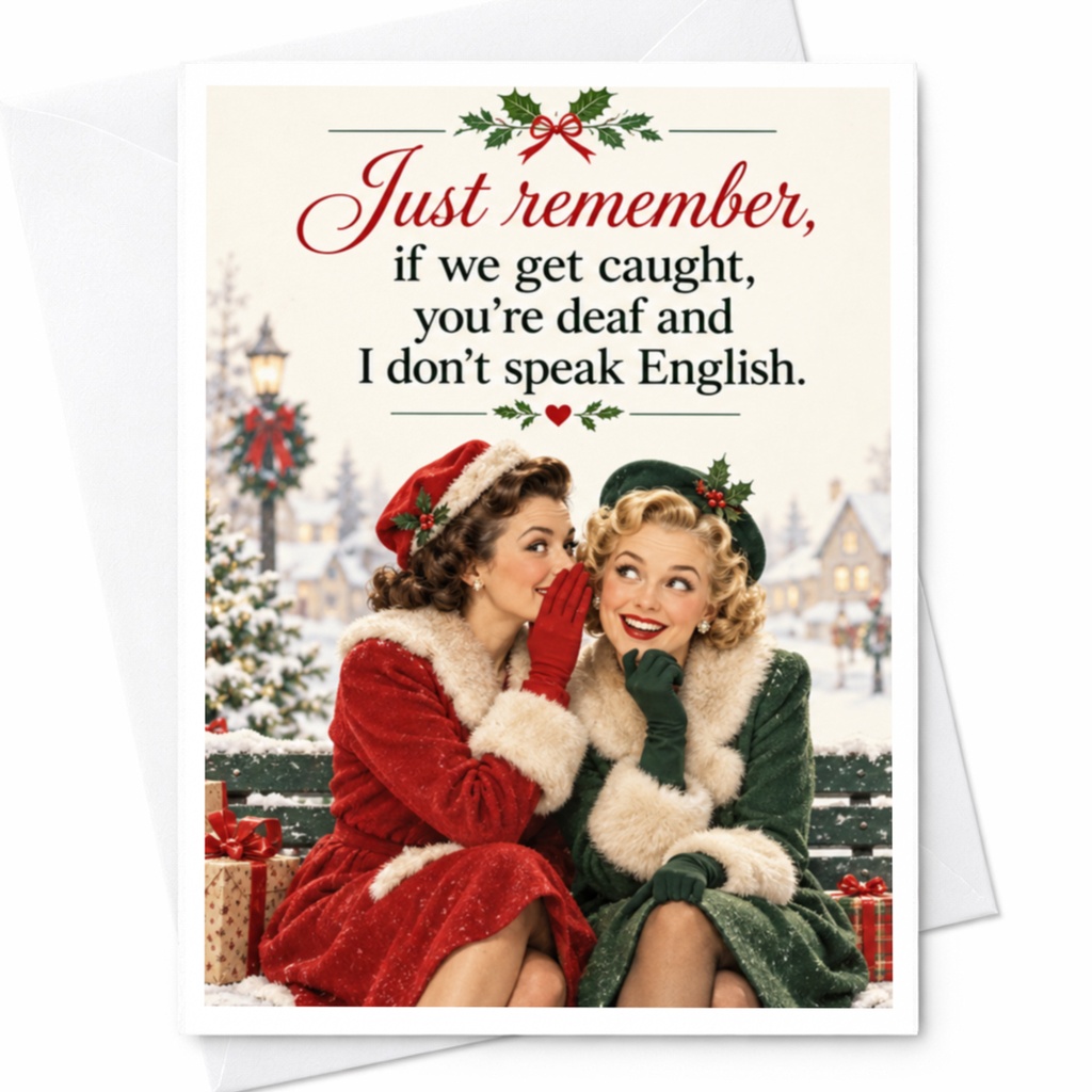 Just Remember If We Get Caught You're Deaf Funny Christmas Card Vintage Holiday For Friend Cute Festive Greeting Card C8523