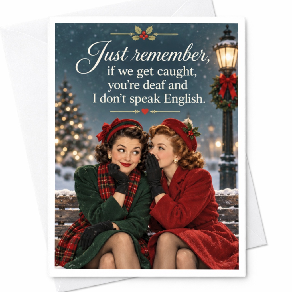 Just Remember If We Get Caught You're Deaf Funny Christmas Card Retro Style Holiday Greeting Card For Friend C8524