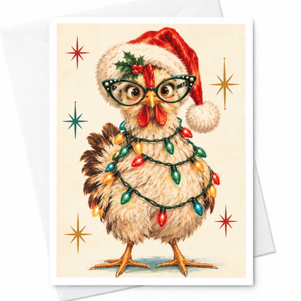 Funny Chicken Christmas Card Cute Holiday Greeting Card With Santa Hat Lights For Animal Lover Festive Card C8527