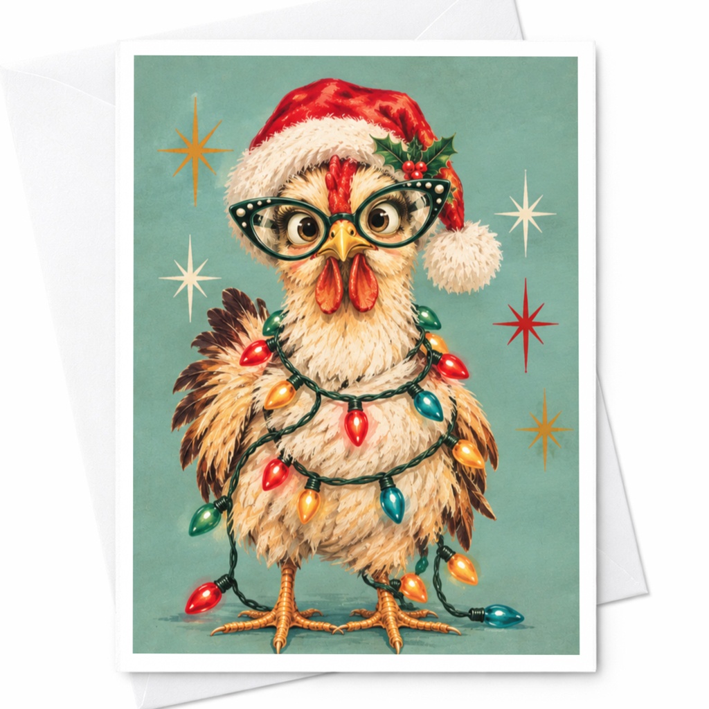 Funny Chicken Christmas Card Cute Holiday Greeting Card Santa Hat Lights For Animal Lover Festive Card C8528