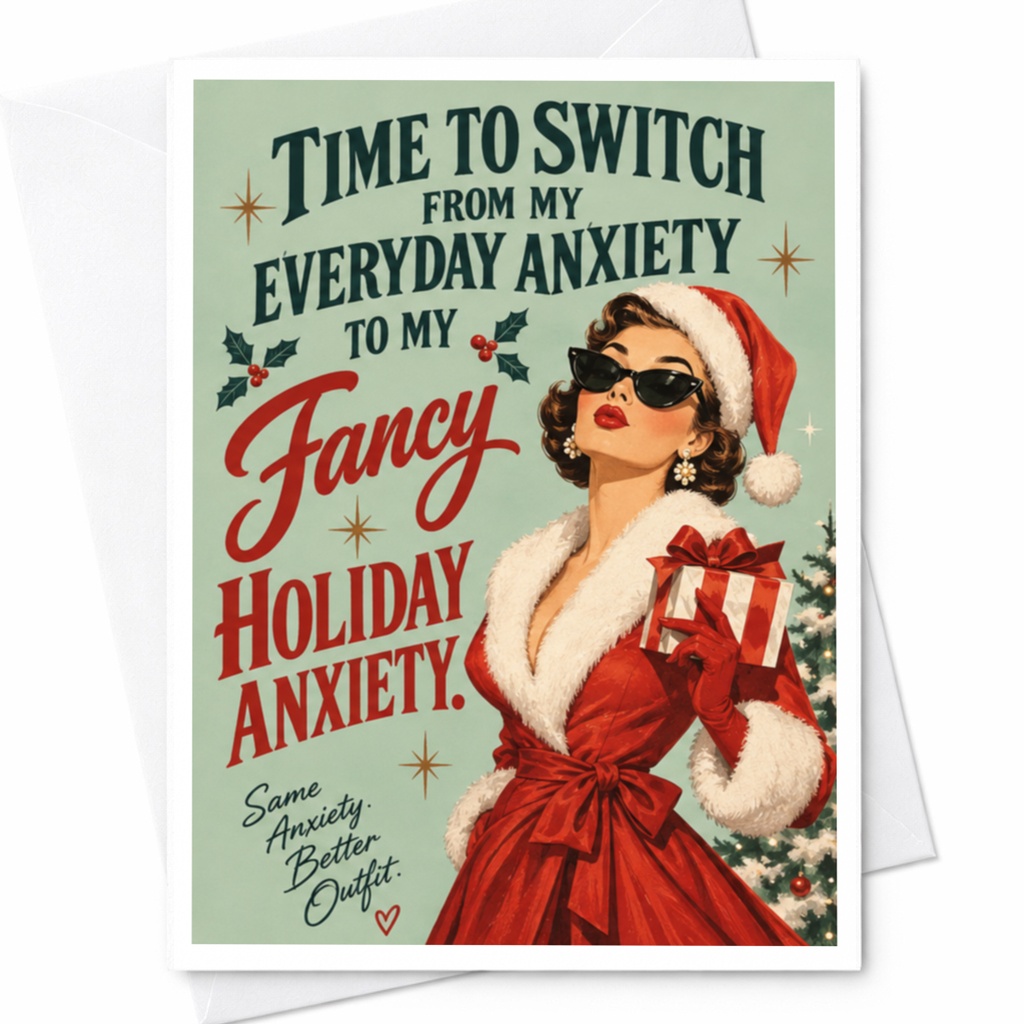 Time To Switch From My Everyday Anxiety To My Fancy Holiday Anxiety Christmas Card Funny Retro Holiday Woman With Gift C8530