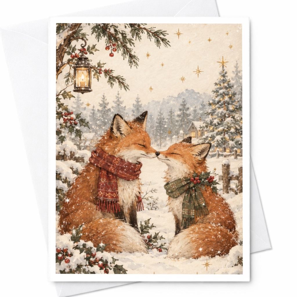 Fox Couple Christmas Card Winter Scene Greeting Card Cute Animal Holiday Card For Couple Romantic Woodland Card C8535