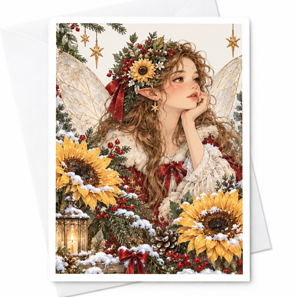 Fairy With Sunflowers Blank Greeting Card Winter Foliage Art Card For Her Whimsical Nature Lover Christmas Card C8539