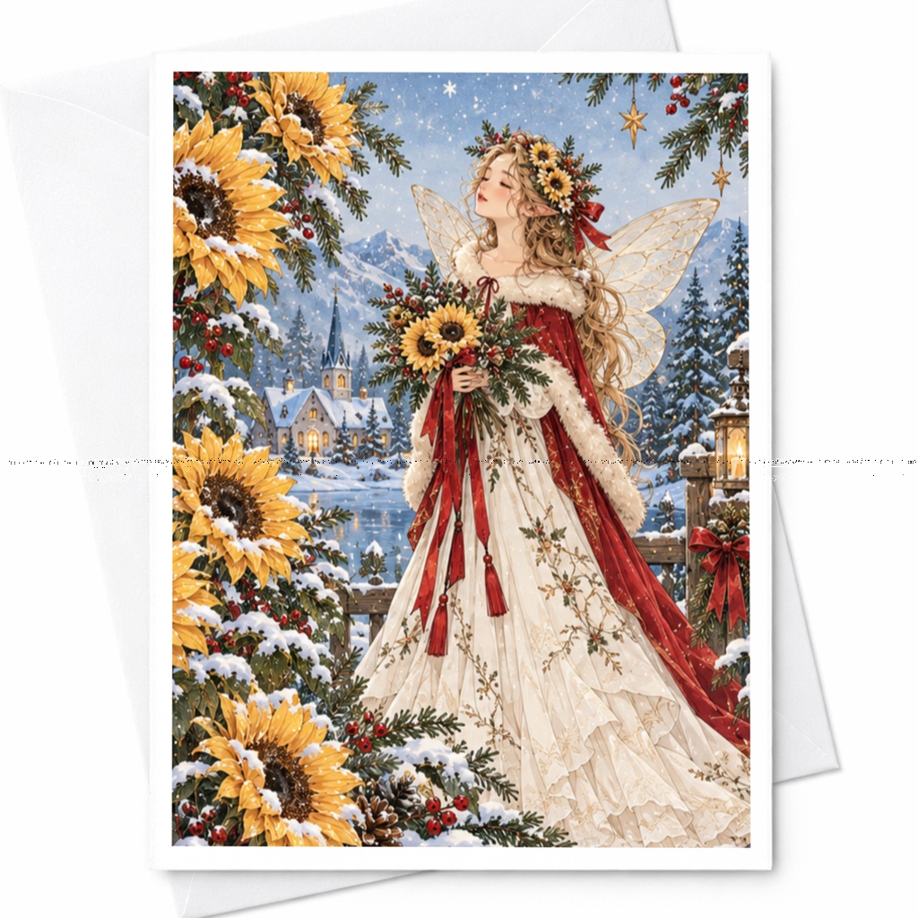 Fairy Winter Wonderland Christmas Card Sunflower Bouquet Holiday Greeting Card For Her Magical Snowy Scene C8540