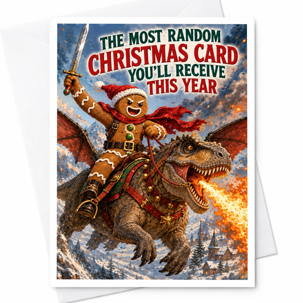 The Most Random Christmas Card You'll Receive This Year Funny Christmas Card Gingerbread Man Dinosaur Holiday C8543