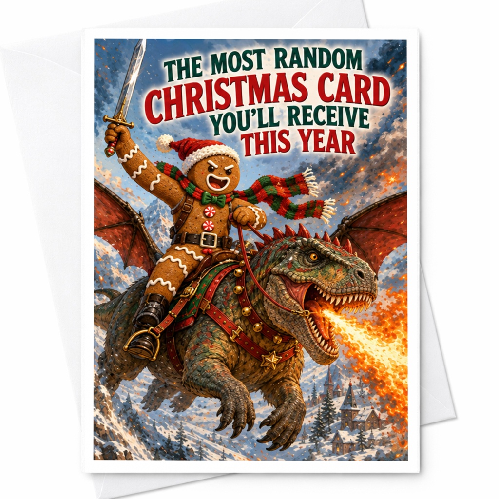 The Most Random Christmas Card You'll Receive This Year Funny Christmas Card Gingerbread Man Dinosaur Holiday C8544