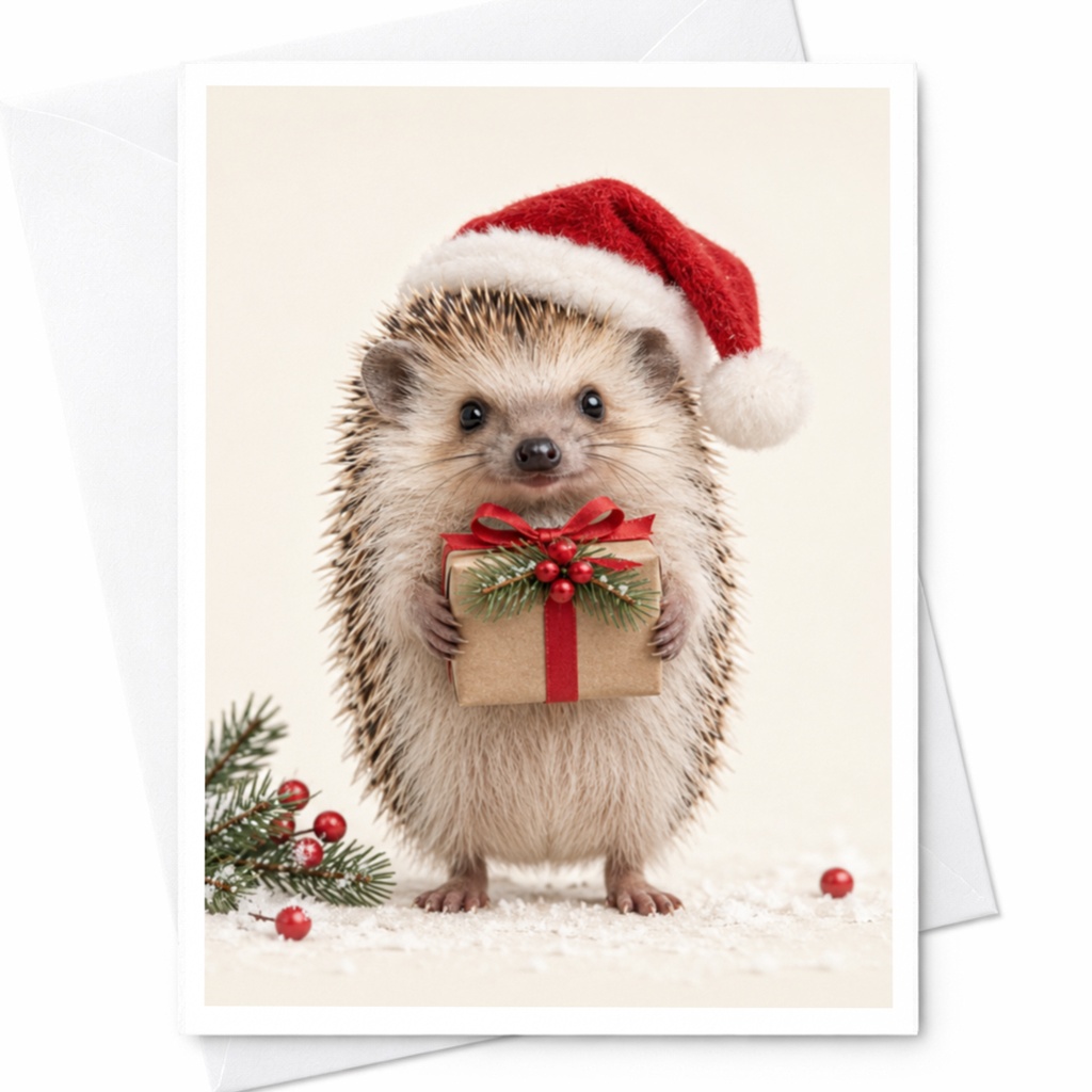 Hedgehog Christmas Card Cute Animal Holiday Greeting Card With Santa Hat And Gift For Animal Lovers Festive Winter Card C8557