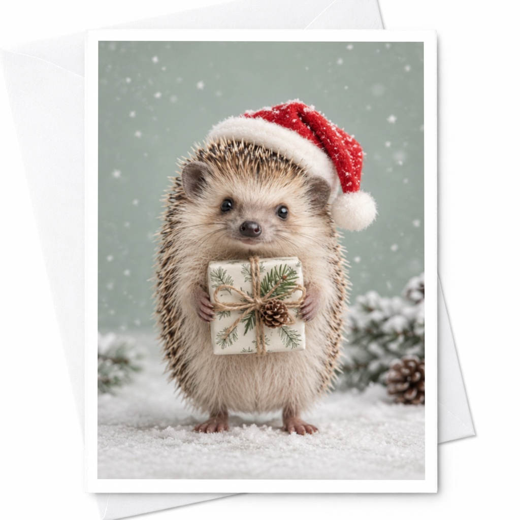 Hedgehog Christmas Card Cute Animal Holiday Greeting Card Santa Hat Gift Winter Scene For Animal Lover Festive Card C8558