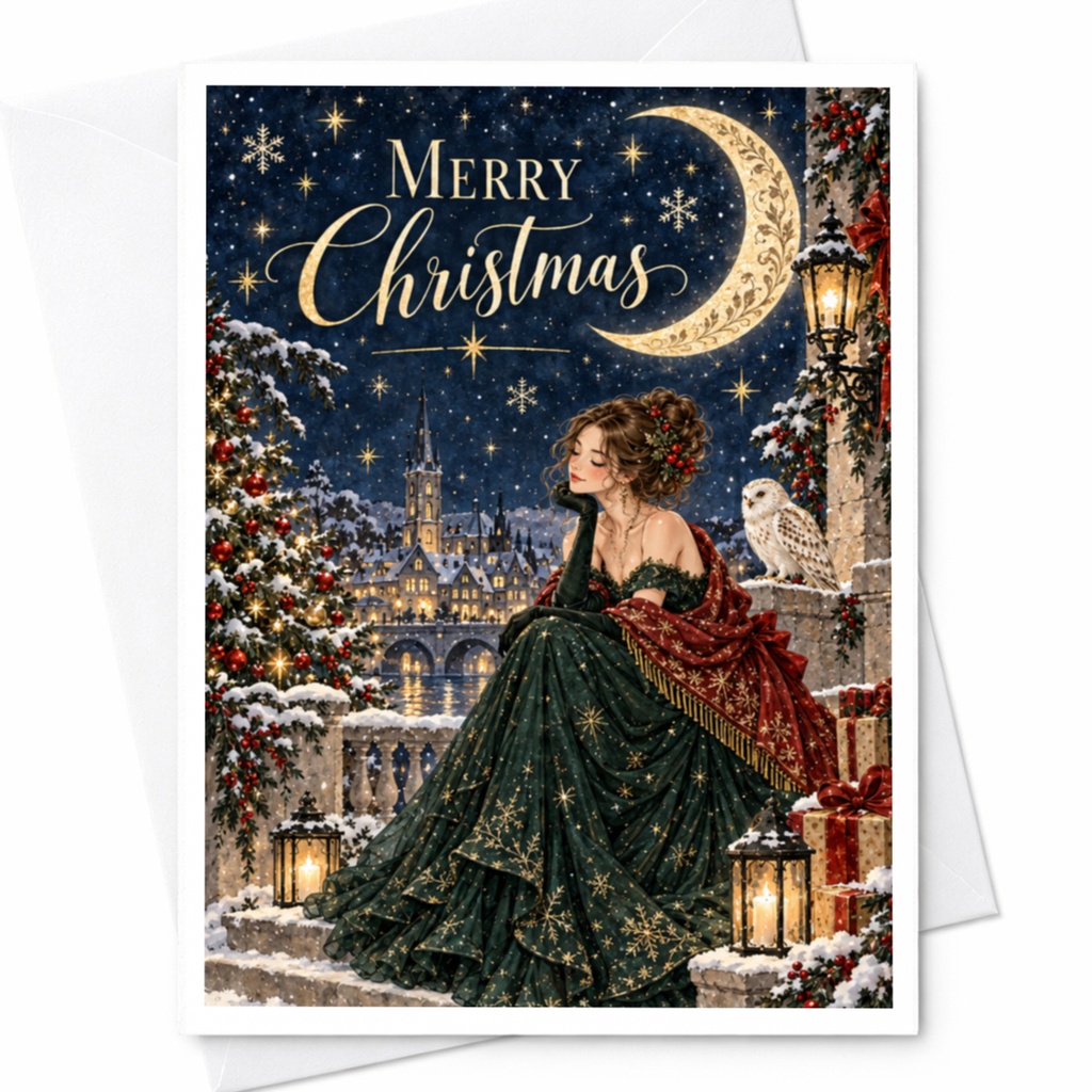 Merry Christmas Elegant Christmas Card Festive Scene With Woman Holiday Greeting Card Winter Wonderland Art C8562