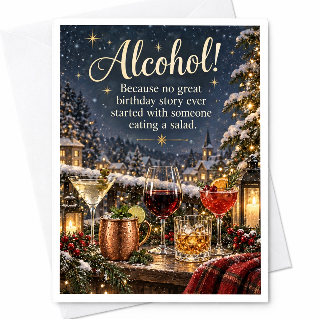 Alcohol! Because No Great Birthday Story Ever Started With Someone Eating A Salad Funny Birthday Card For Friend C8563