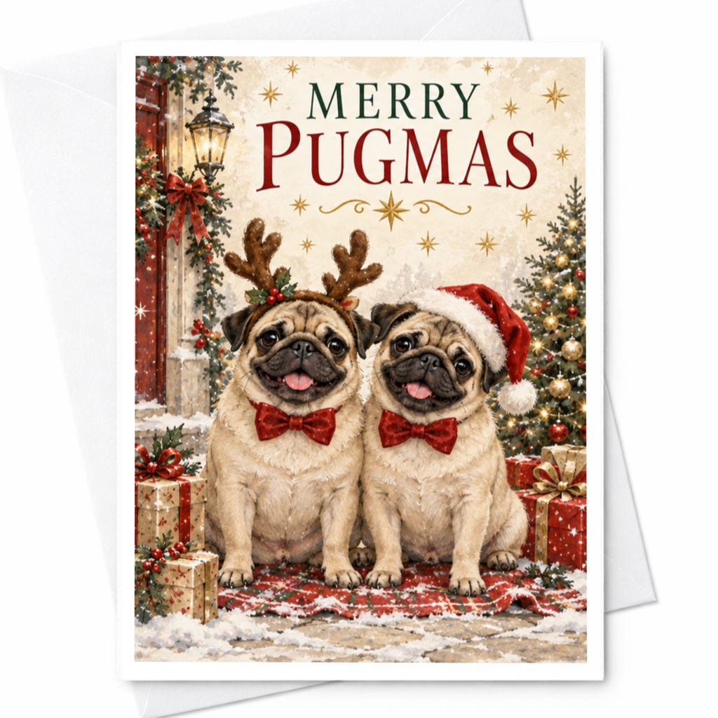 Merry Pugmas Christmas Card Cute Pug Holiday Greeting Card Funny Dog Lover Xmas Card Adorable Pugs With Santa Hat And Antlers C8566