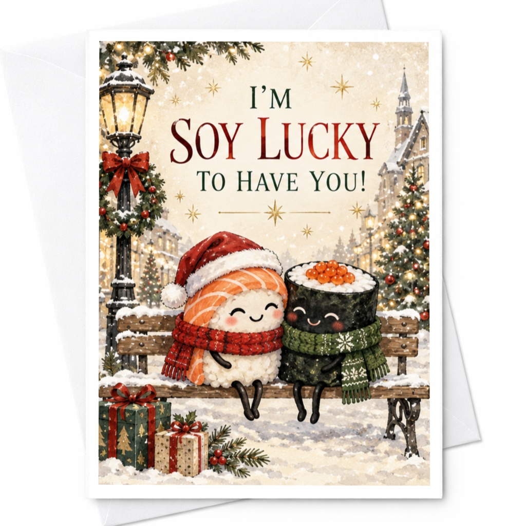 I'm Soy Lucky To Have You! Cute Christmas Card Sushi Characters Holiday Greeting Card For Couple Funny Festive Card C8572