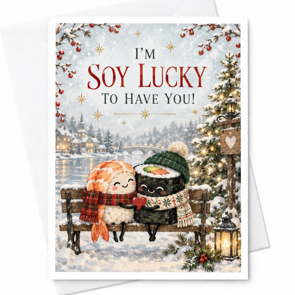 I'm Soy Lucky To Have You! Cute Love Card Sushi Couple Winter Scene Romantic Greeting Card For Partner Anniversary C8573