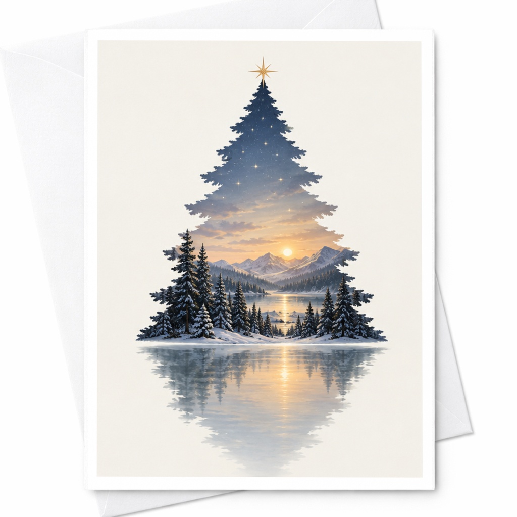 Winter Landscape Christmas Card Scenic Tree Shape Holiday Greeting Card For Nature Lover Snowy Mountain Scene Festive Card C8578
