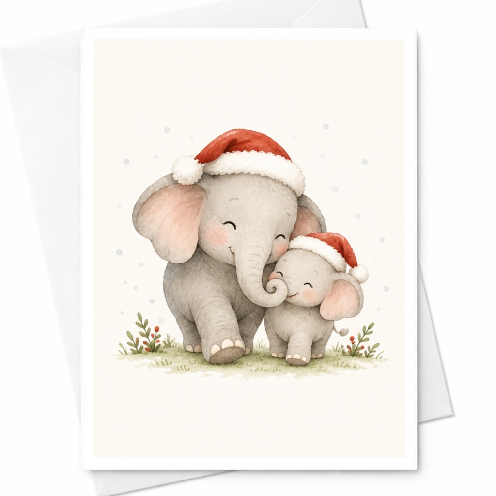 Elephant Christmas Card Cute Holiday Greeting Card For Family Adorable Animal Card With Santa Hats Festive Season Card C8580