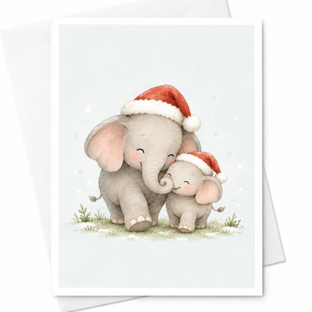 Elephant Christmas Card Cute Holiday Greeting Card For Family Animal Lover Adorable Santa Hat Card Festive Season Card C8581