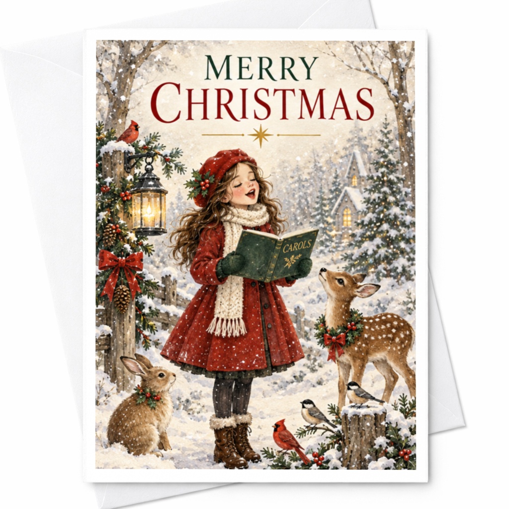 Merry Christmas Cute Christmas Card Girl Singing Carols With Animals In Snow Holiday Greeting Card For Family And Friends C8582